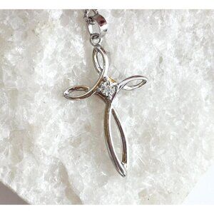 Minimalist Cross Shaped CZ Sterling Silver 925 Vintage Pendant Necklace - 17